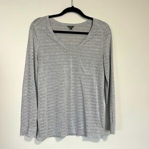 Eddie Bauer V- Scoop Neck Long Sleeve Top Grey Metallic Stripes Small